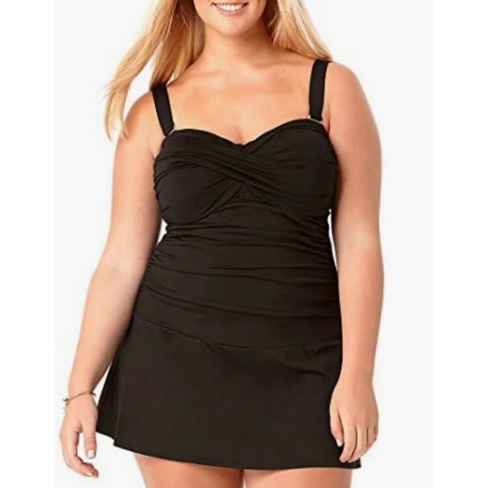 Anne Cole 24W plus size black swimsuit one piece swim dress twist front